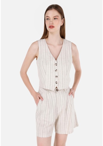 Slim Fit V Yaka Kadın Ekru Kolsuz Gömlek Cl1068941