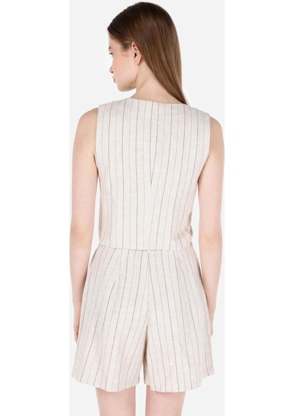 Slim Fit V Yaka Kadın Ekru Kolsuz Gömlek Cl1068941