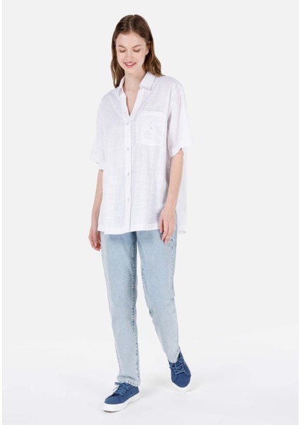 Relax Fit Shirt Neck Kadın Beyaz Kısa Kol Gömlek Cl1068891