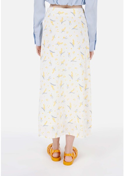 Midi Skirt Çiçekli Fermuarlı Kadın Beyaz Etek