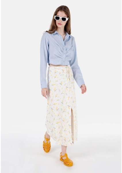 Midi Skirt Çiçekli Fermuarlı Kadın Beyaz Etek