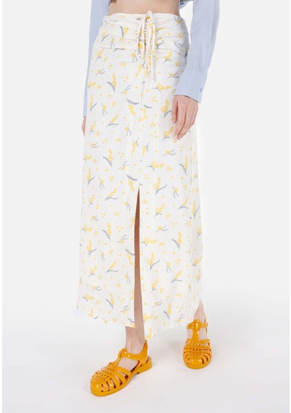 Midi Skirt Çiçekli Fermuarlı Kadın Beyaz Etek