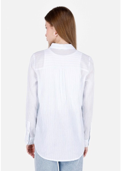 Regular Fit Shirt Yaka Desenli Mavi Kadın Uzun Kol Gömlek fiyatları