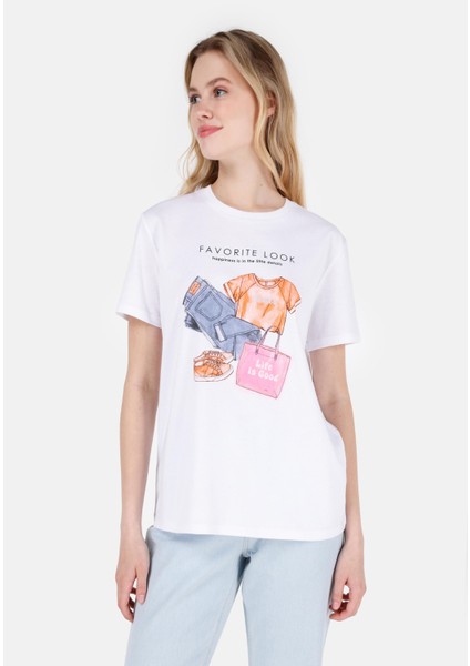 Regular Fit Yuvarlak Yaka Kadın Beyaz Kısa Kol Tişört Cl1069108
