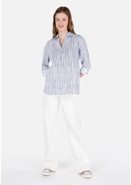 Regular Fit Shirt Yaka Roll-Up Kol Çizgili Beyaz Kadın Uzun Kol Gömlek modelleri