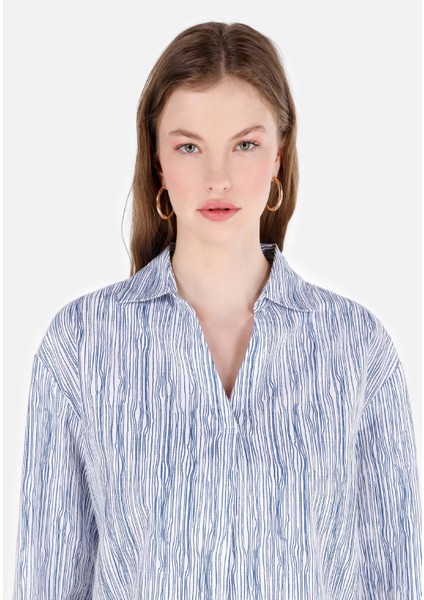Regular Fit Shirt Yaka Roll-Up Kol Çizgili Beyaz Kadın Uzun Kol Gömlek fırsatları