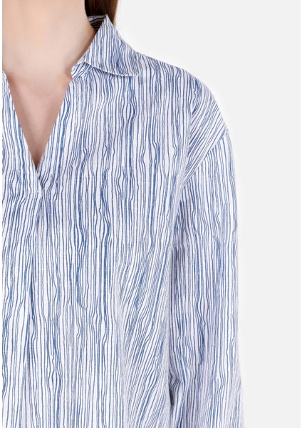 Regular Fit Shirt Yaka Roll-Up Kol Çizgili Beyaz Kadın Uzun Kol Gömlek indirimleri