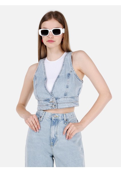 Slim Fit Kadın Mavi Gömlek Kısa Kol Cl1069617