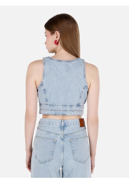 Slim Fit Kadın Mavi Gömlek Kısa Kol Cl1069617