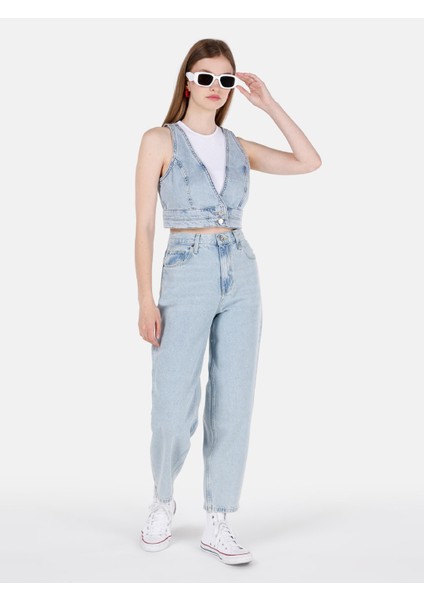 Slim Fit Kadın Mavi Gömlek Kısa Kol Cl1069617
