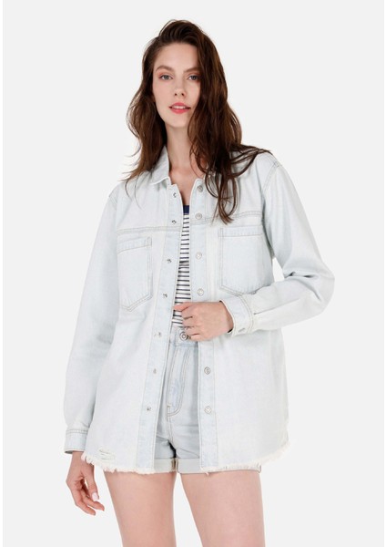 Regular Fit Klasik Bedenli Kadın Mavi Uzun Kol Gömlek Cl1069601