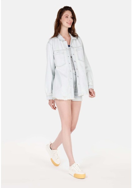 Regular Fit Klasik Bedenli Kadın Mavi Uzun Kol Gömlek Cl1069601