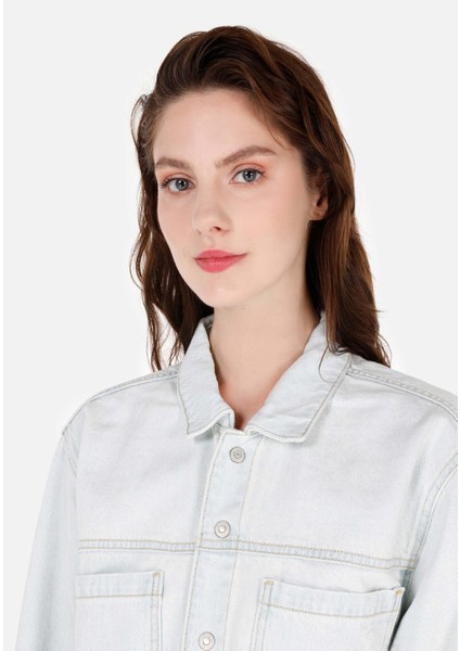 Regular Fit Klasik Bedenli Kadın Mavi Uzun Kol Gömlek Cl1069601