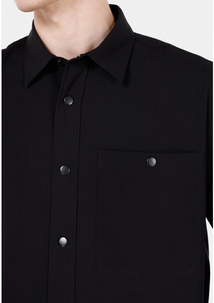 Regular Fit Shirt Neck Düz Erkek Siyah Uzun Kol Gömlek CL1069905