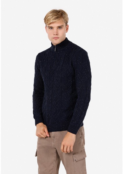Slim Fit Dik Yaka Erkek Lacivert Kazak