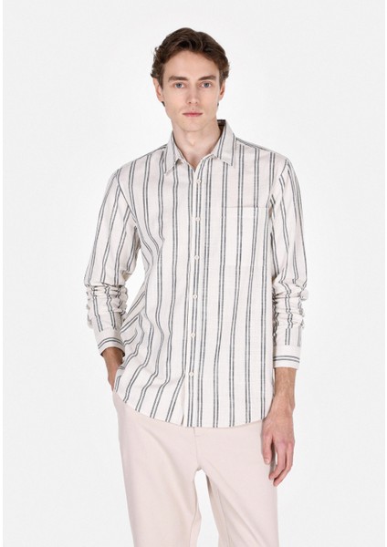 Regular Fit Shirt Neck Çizgili Erkek Ekru Uzun Kol Gömlek CL1071904