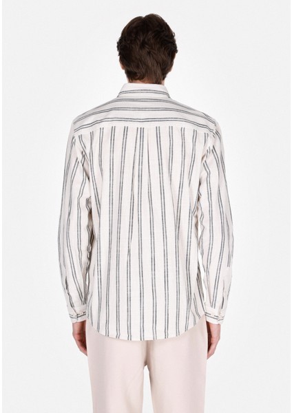 Regular Fit Shirt Neck Çizgili Erkek Ekru Uzun Kol Gömlek CL1071904