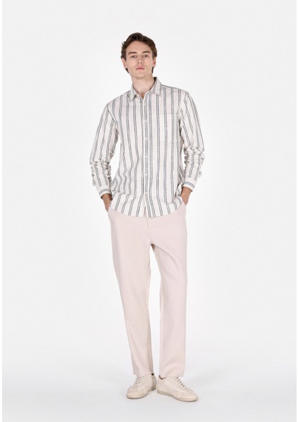 Regular Fit Shirt Neck Çizgili Erkek Ekru Uzun Kol Gömlek CL1071904