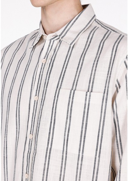 Regular Fit Shirt Neck Çizgili Erkek Ekru Uzun Kol Gömlek CL1071904