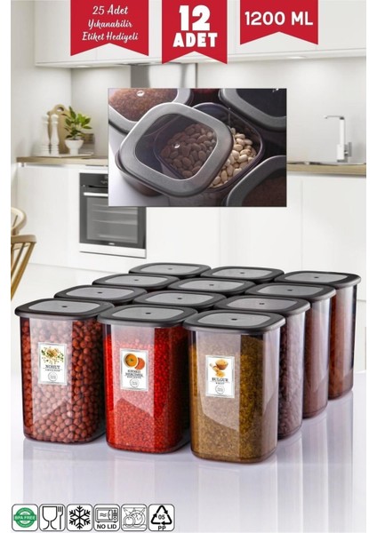 Etiketli 12 Adet 1200 ml Ekonomik Kırılmaz Antrasit Saklama Kabı