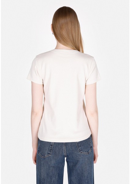 Slim Fit Yuvarlak Yaka Baskılı Kadın Beyaz Kısa Kol Tişört fiyatları