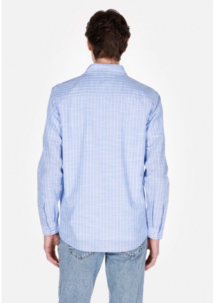 Regular Fit Shirt Neck Çizgili Erkek Mavi Uzun Kol Gömlek CL1073113