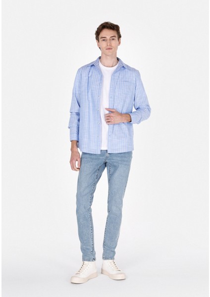 Regular Fit Shirt Neck Çizgili Erkek Mavi Uzun Kol Gömlek CL1073113