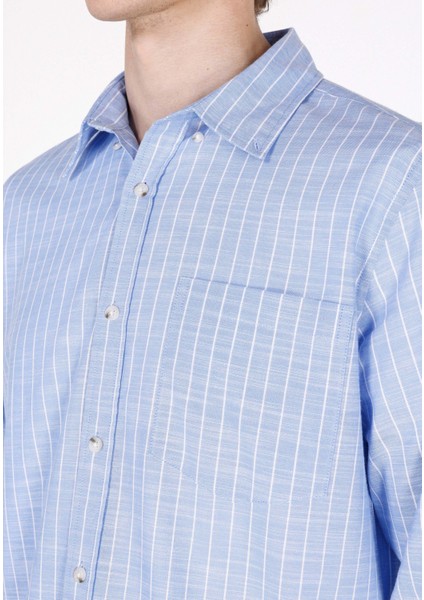 Regular Fit Shirt Neck Çizgili Erkek Mavi Uzun Kol Gömlek CL1073113