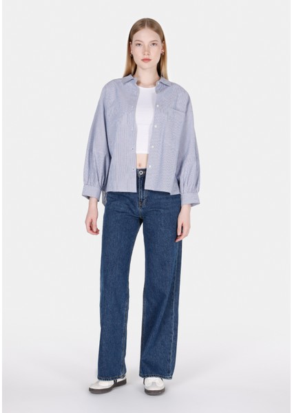 Relaxed Fit Shirt Neck Çizgili Kadın Mavi ¾ Kol Gömlek CL1073303