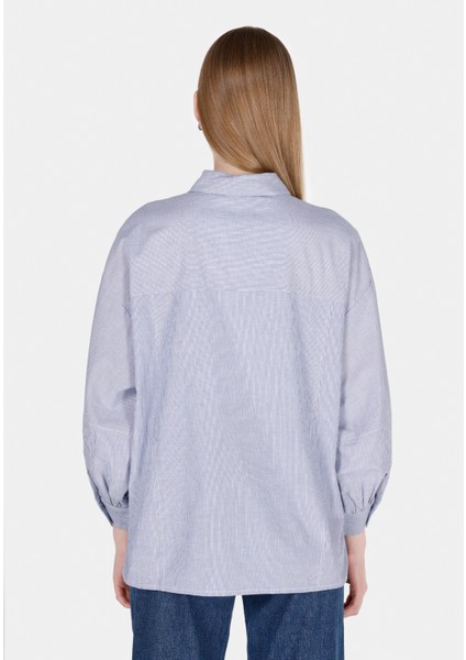 Relaxed Fit Shirt Neck Çizgili Kadın Mavi ¾ Kol Gömlek CL1073303