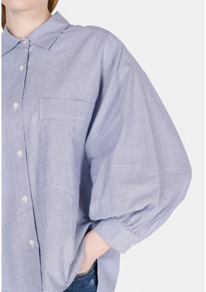 Relaxed Fit Shirt Neck Çizgili Kadın Mavi ¾ Kol Gömlek CL1073303