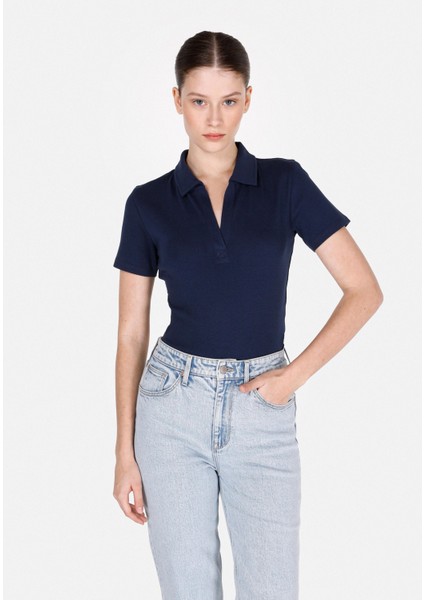 Slim Fit Polo Yaka Düz Kadın Lacivert Kısa Kol Tişört