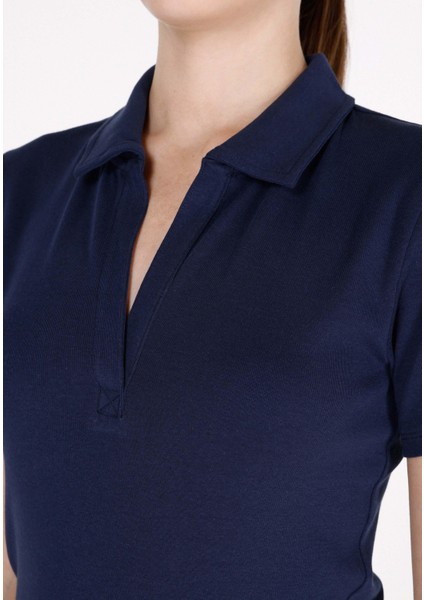 Slim Fit Polo Yaka Düz Kadın Lacivert Kısa Kol Tişört fırsatları