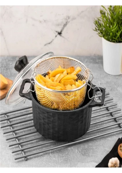 Granit Döküm Kızartma Tenceresi, 24 cm, Yapışmaz Taban, Siyah Renk