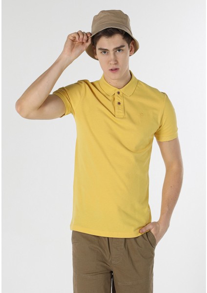 Slim Fit Polo Yaka Düz Erkek Sari Kısa Kol Tişört