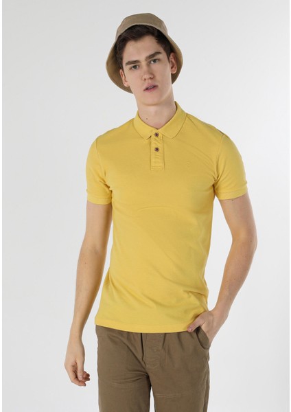 Slim Fit Polo Yaka Düz Erkek Sari Kısa Kol Tişört