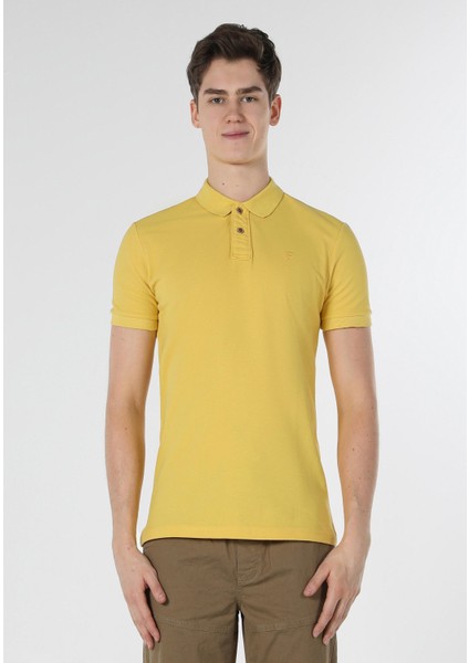 Slim Fit Polo Yaka Düz Erkek Sari Kısa Kol Tişört