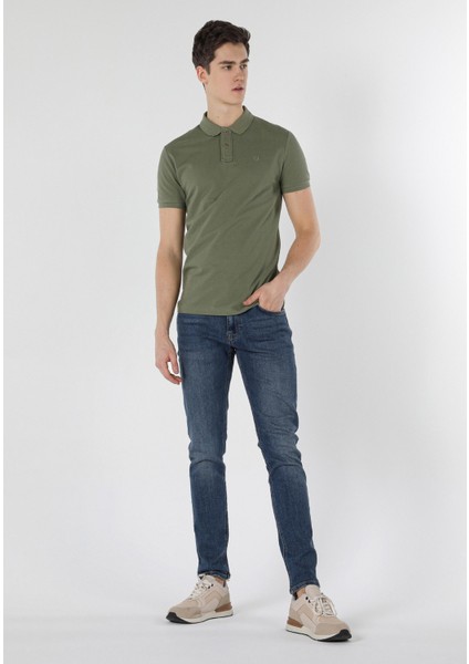 Slim Fit Polo Yaka Düz Erkek Yeşil Kısa Kol Tişört