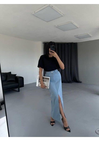 Gabardin Uzun Önden Yırtmaçlı Etek - Mavi