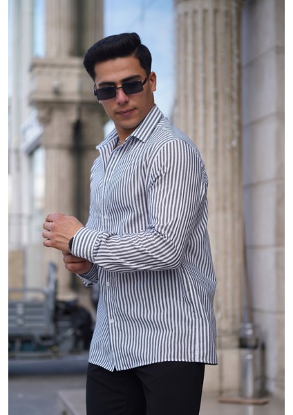 Erkek Çizgili Gömlek Regular Fit Kalıp Kumaş Pamuk Likralı