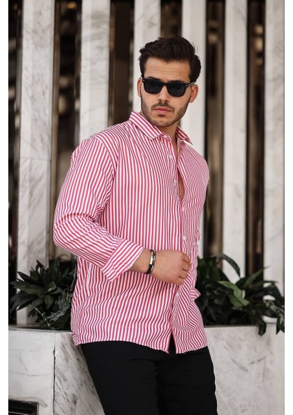 Erkek Çizgili Gömlek Regular Fit Kalıp Kumaş Pamuk Likralı