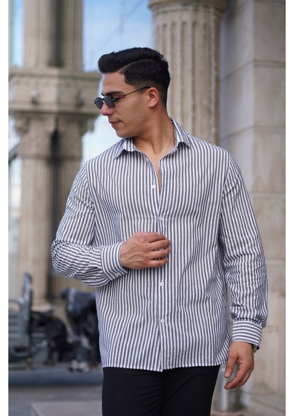 Erkek Çizgili Gömlek Regular Fit Kalıp Kumaş Pamuk Likralı