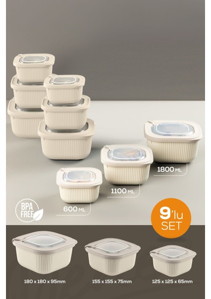9'lu 3X(600-1100-1800 Ml) Mikrodalga ve Difrize Uygun Vip Kapaklı Özel Saklama Kabı Seti Bej