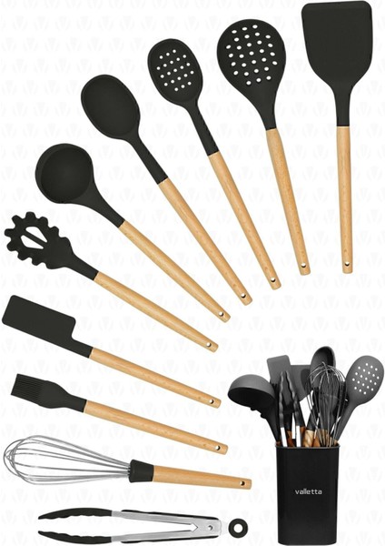 Isıya Dayanıklı Silikon Servis Seti, 11 Parça, Siyah, BPA Free, Standlı