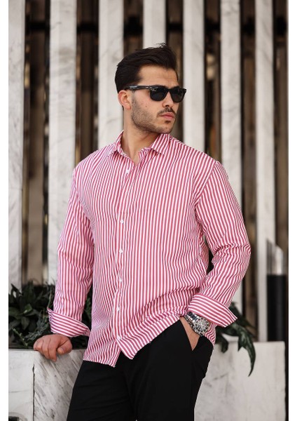 Erkek Çizgili Gömlek Regular Fit Kalıp Kumaş Pamuk Likralı