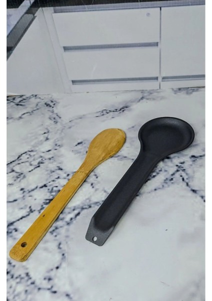 Paslanmaz metal siyah şık tezgah üstü kaşıklık ve altlığı 30x34