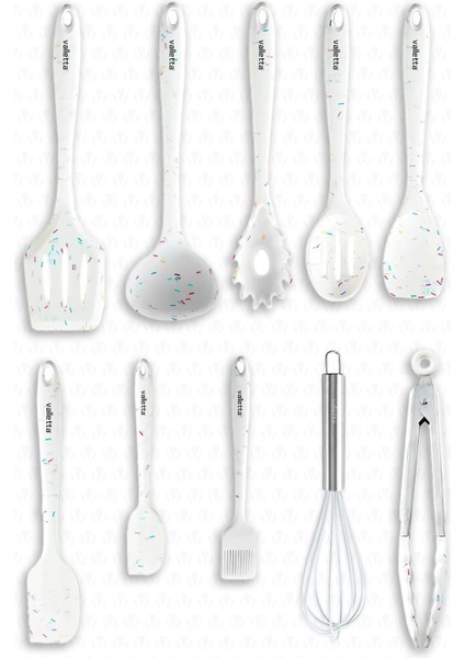 10 Parçalı Beyaz Noktalı Silikon Spatula Seti, Çok Amaçlı ve Dayanıklı Mutfak Aracı