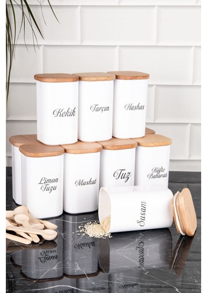 12'li 250 ml Bambu Kapaklı Porselen Görünümlü Akrilik Baharatlık Seti