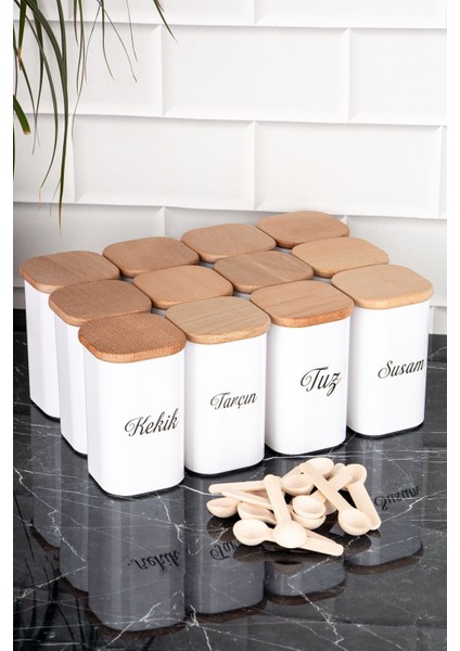 12'li 250 ml Bambu Kapaklı Porselen Görünümlü Akrilik Baharatlık Seti fiyatları