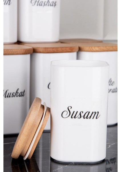 12'li 250 ml Bambu Kapaklı Porselen Görünümlü Akrilik Baharatlık Seti modelleri